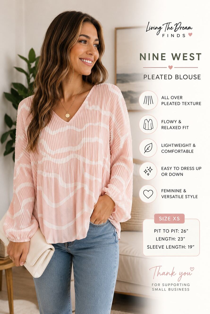 Nine West Women’s XS Pink White Pleated Abstract Print Long Sleeve Blouse